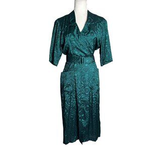 Vintage 90s All That Jazz Satin Wrap Dress XSmall Teal Black Belted Pockets